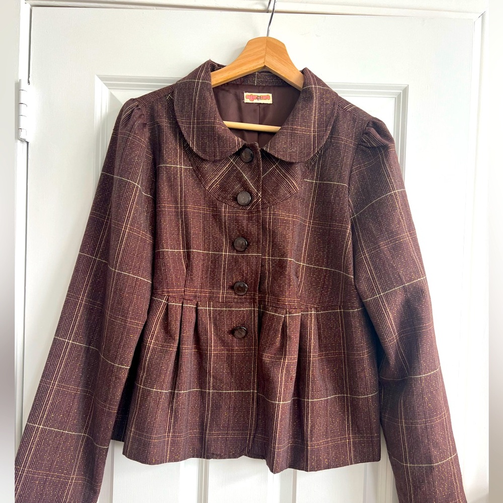 sugar tart plaid blazer with metallic detail